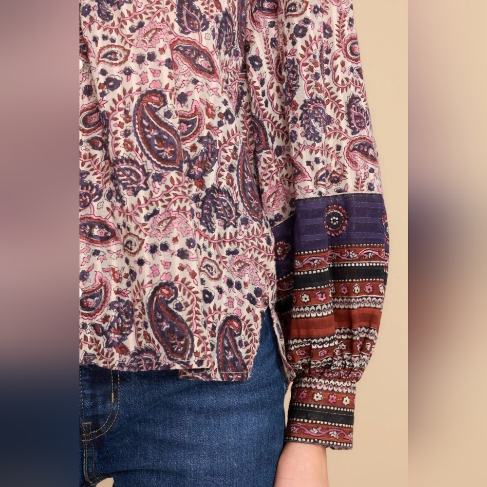 Cleobella Paisley Button-Front Blouse in Mauve and Navy - Picture 5 of 14